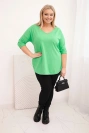 Bluzka damska bawełniana Plus Size z dekoltem V i podwijanym rękawem jasno zielona