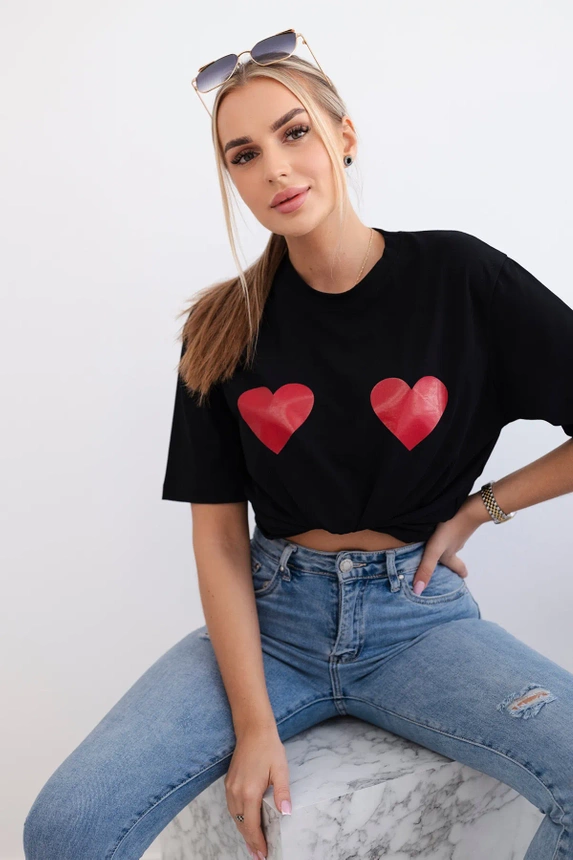 Baumwollbluse mit Herz-Print schwarz
