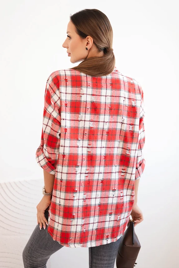 Women's cotton checkered shirt with a distressed effect red