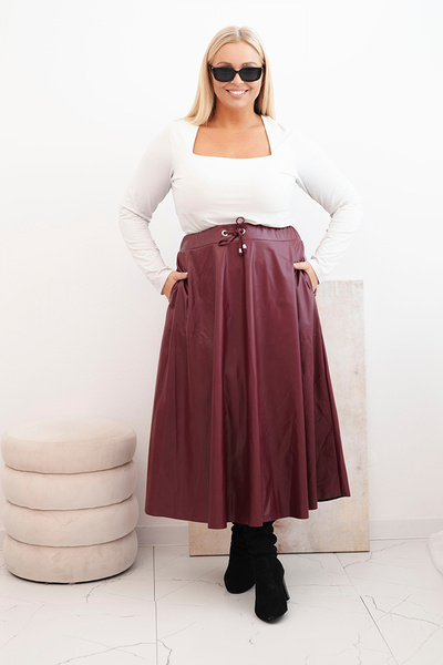 Moteriška Plus Size ekoskinos sijonas su gumyte ir raišteliu juosmenyje bordo