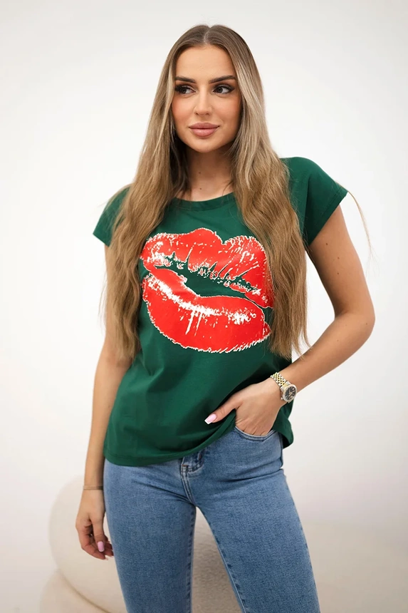 Blouse with lips print green