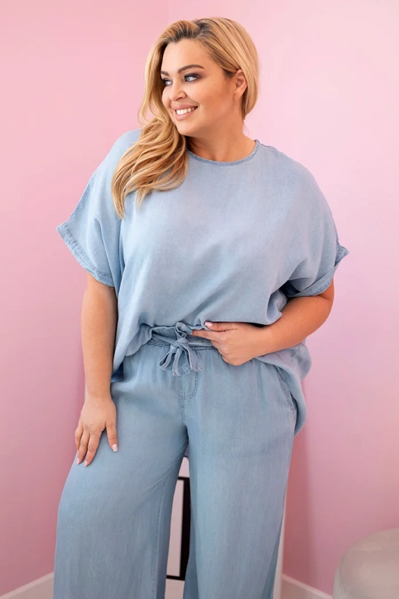 Plus Size women's set made of Tencel blouse and tie-waist pants light denim
