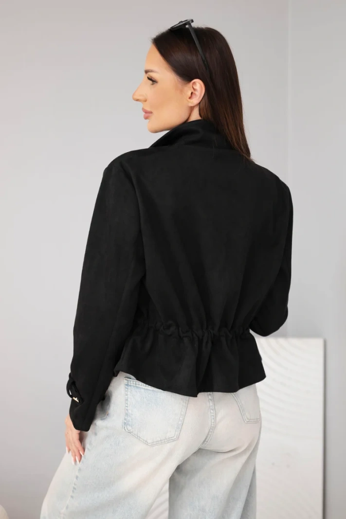 Women’s suede jacket with pockets and a waist drawstring black