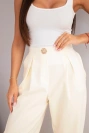Women's cotton high-waisted trousers with a decorative button melon