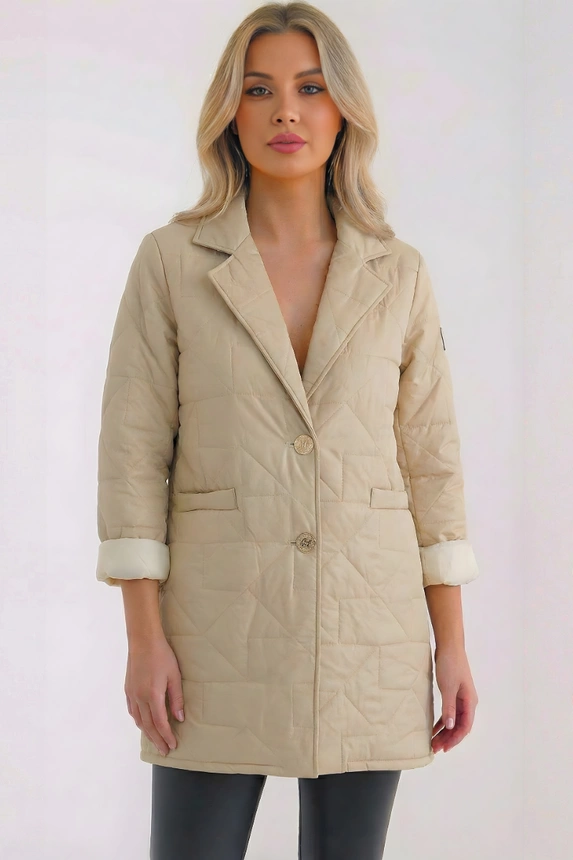 Damenjacke Plus Size gesteppte mit dekorativen Knöpfen und Kragen dunkelbeige