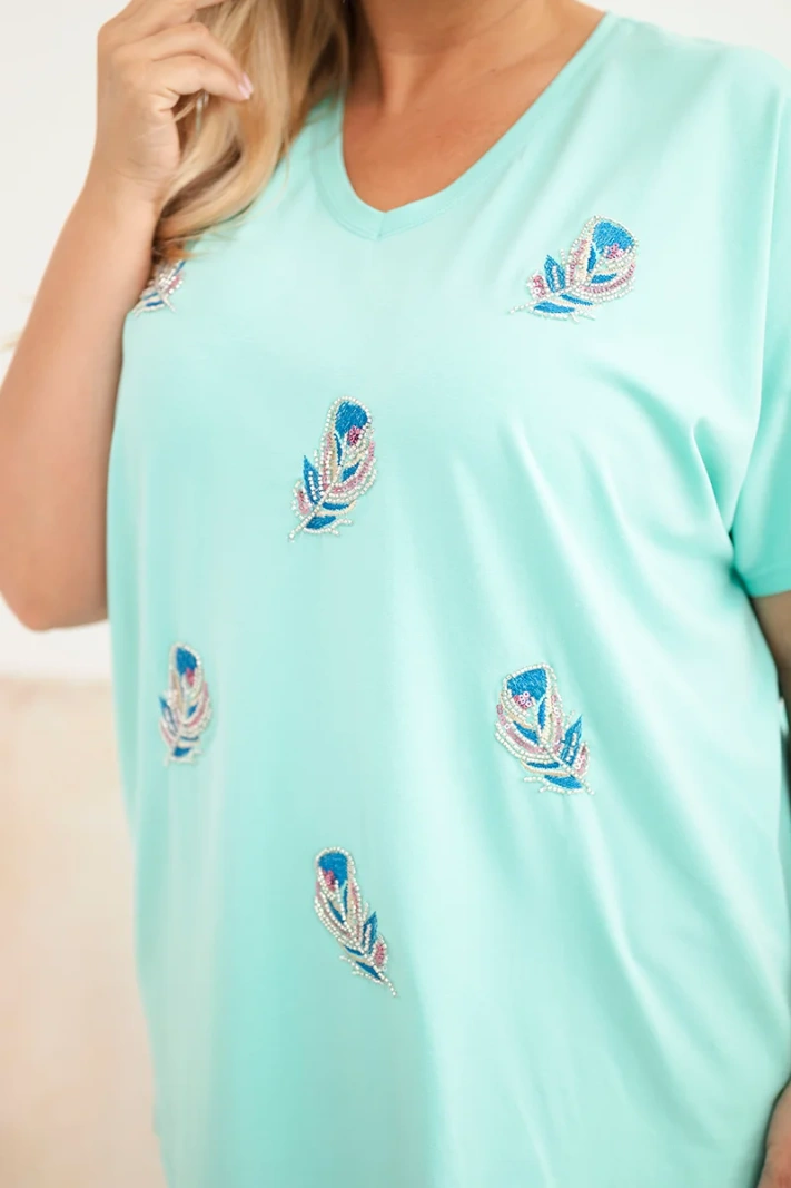 Women's cotton Plus Size blouse with feathers mint