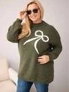 Moteriškas megztinis Plus Size su vilnos priedu ir kaspinu khaki