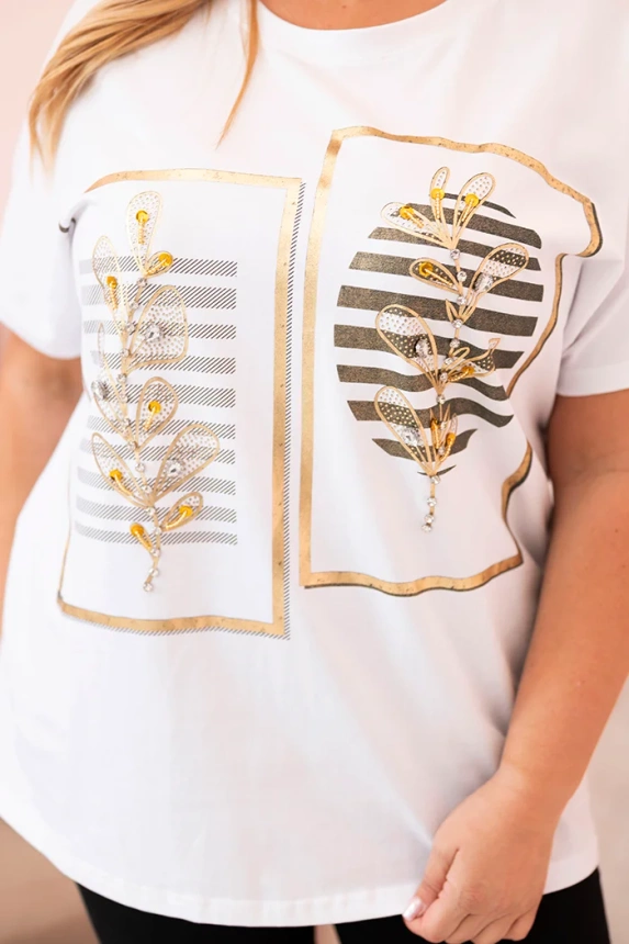 Dámska bavlnená blúzka Plus Size s kamienkami biela + khaki