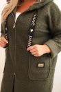 Plus Size women's coat made of faux shearling with a hood and pockets khaki