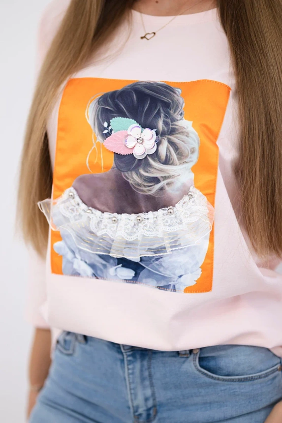 Blúzka s grafikou 3D, čipka prášková ružová