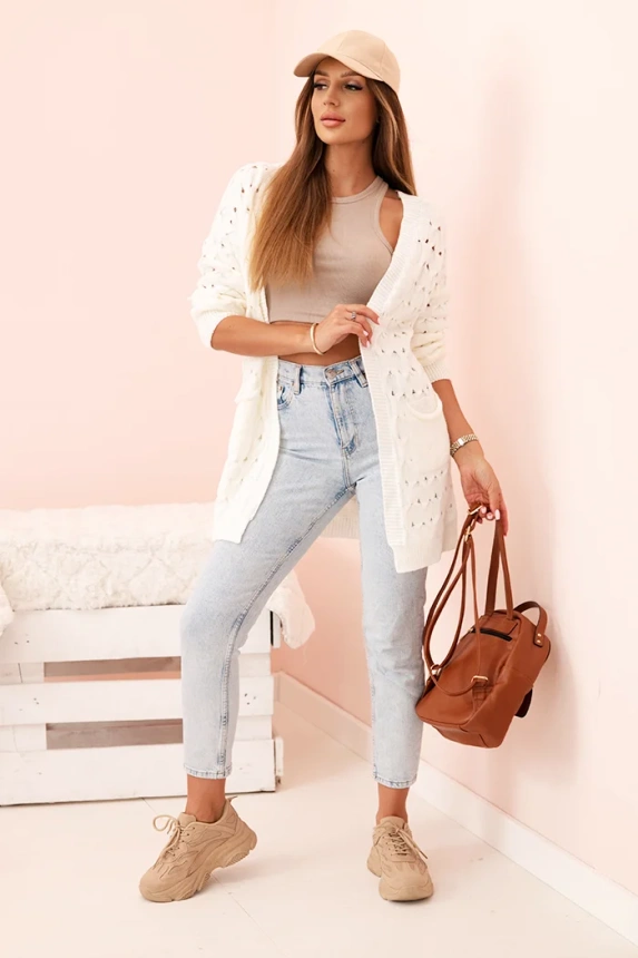 Ladies' openwork cardigan with pockets ecru