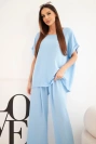 Dámský komplet Plus Size halenka a kalhoty s širokými nohavicemi modrý