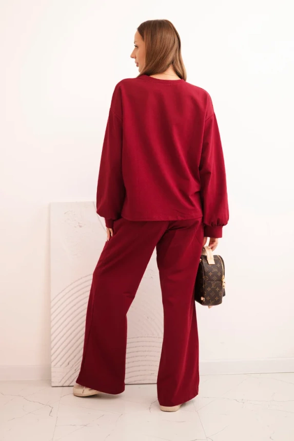 Women's cotton set with wide legs and long-sleeve sweatshirt burgundy