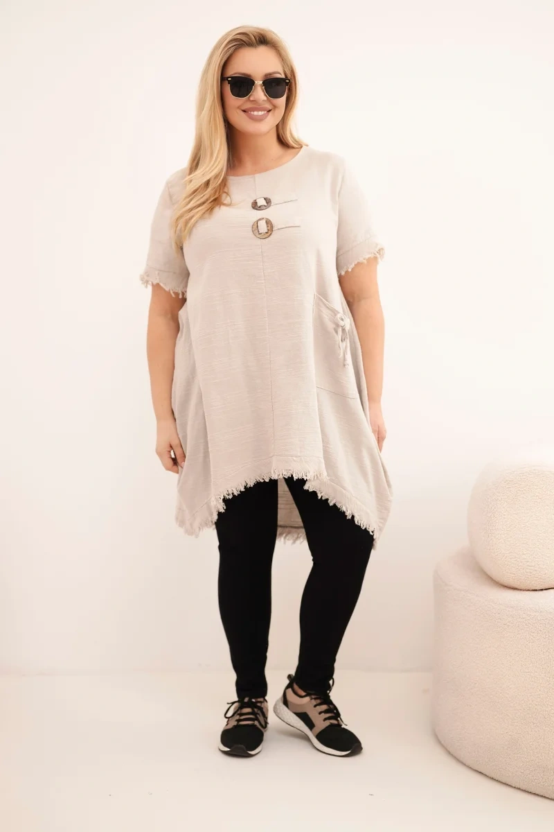 Sukienka damska bawełniana Plus Size z dłuższym tyłem i kieszenią beżowa
