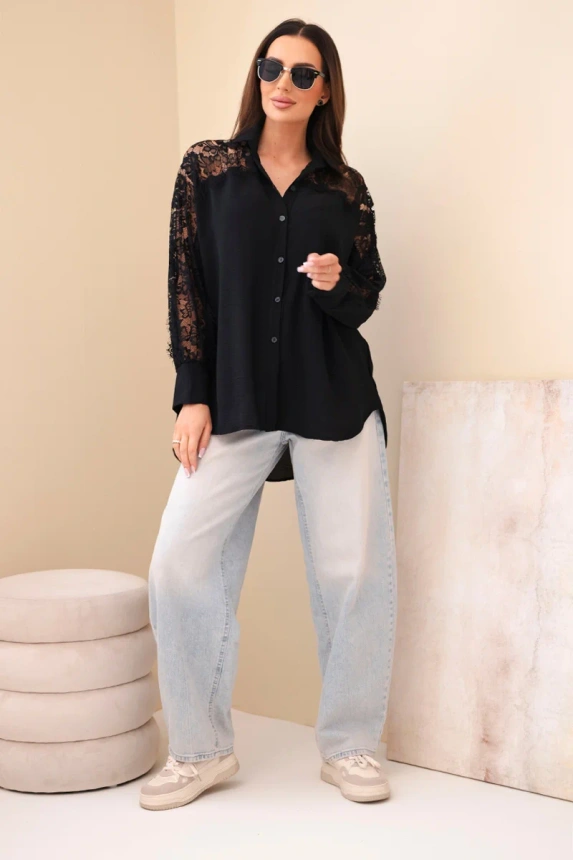 Women's viscose shirt with lace sleeves and collar black