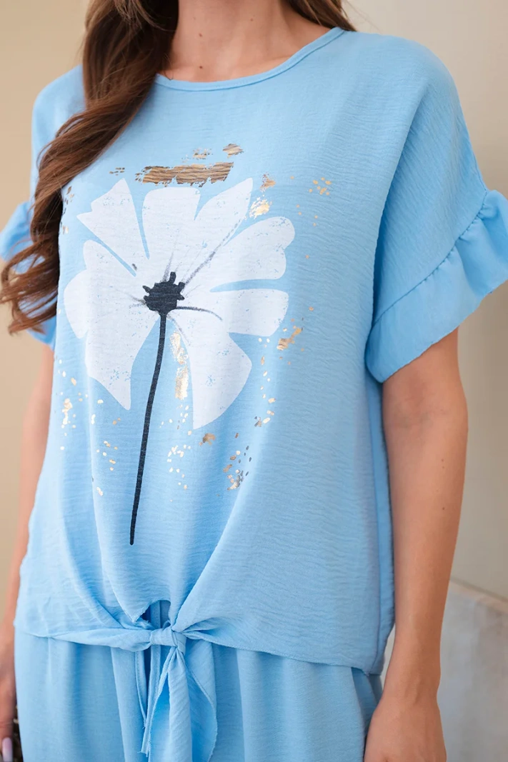 Women's viscose set with a printed blouse and trousers blue