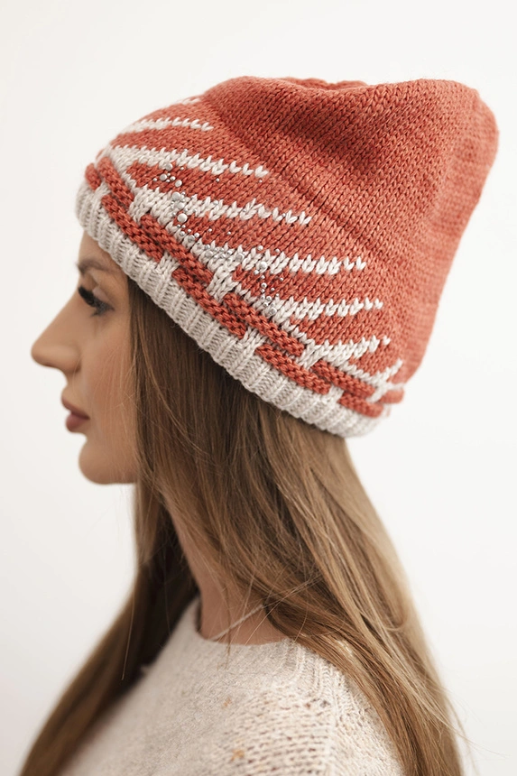 Women's winter wool hat with a geometric pattern and studs K469 rust