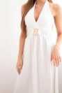 Women's viscose maxi dress tied at the neck with a decorative buckle ecru