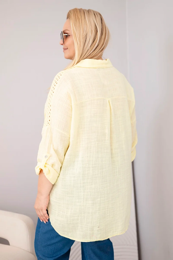 Women's cotton Plus Size blouse with collar and lace insert yellow