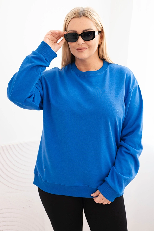 Bluza damska pętelkowa Plus Size bawełniana basic z okrągłym dekoltem chabrowa