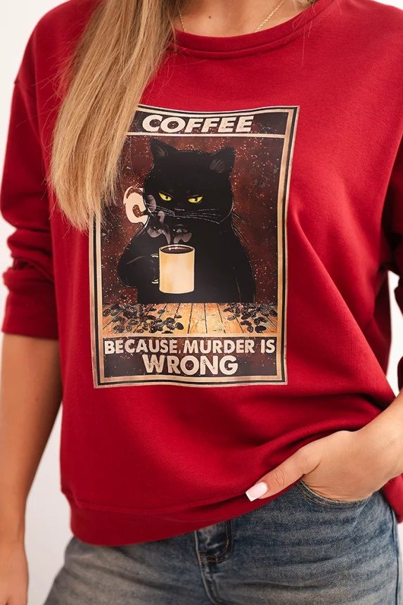 Women's cotton sweatshirt with a cat print and text red