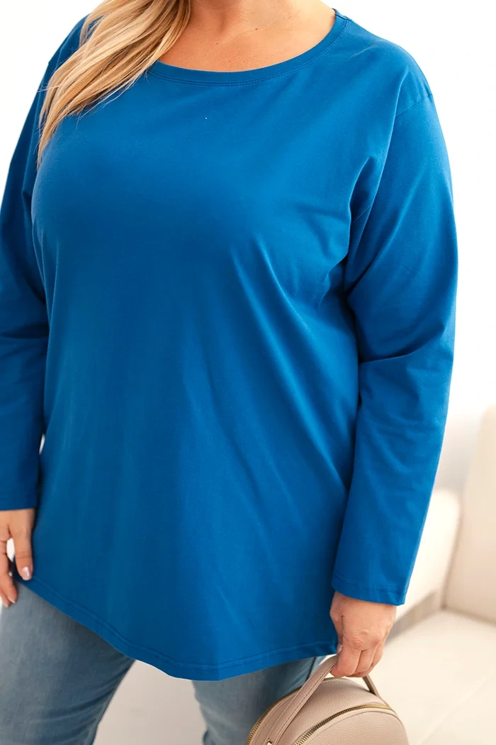 Bluzka damska Plus Size bawełniana z okrągłym dekoltem chabrowa