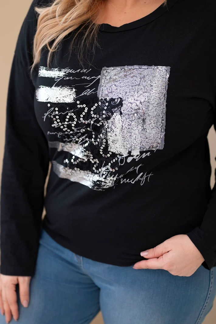 Damenbluse Plus Size mit Print und längerem Rücken schwarz