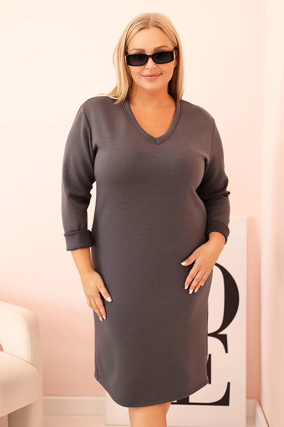 Sukienka damska Plus Size masełkowa z dekoltem V i rękawem grafitowa