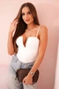 Women's strapless bodysuit blouse with ruffles and V-neckline white 