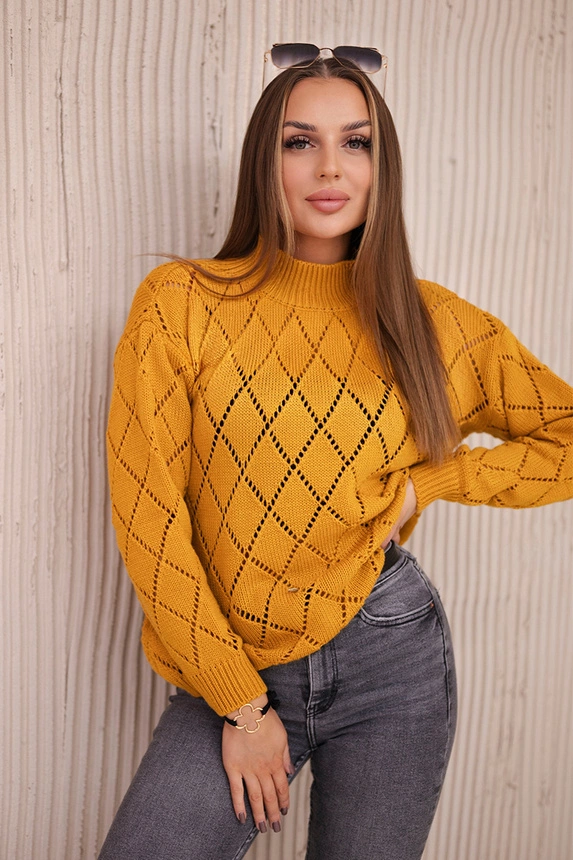 Pullover mit halbem Rollkragen und Rautenmuster Senf