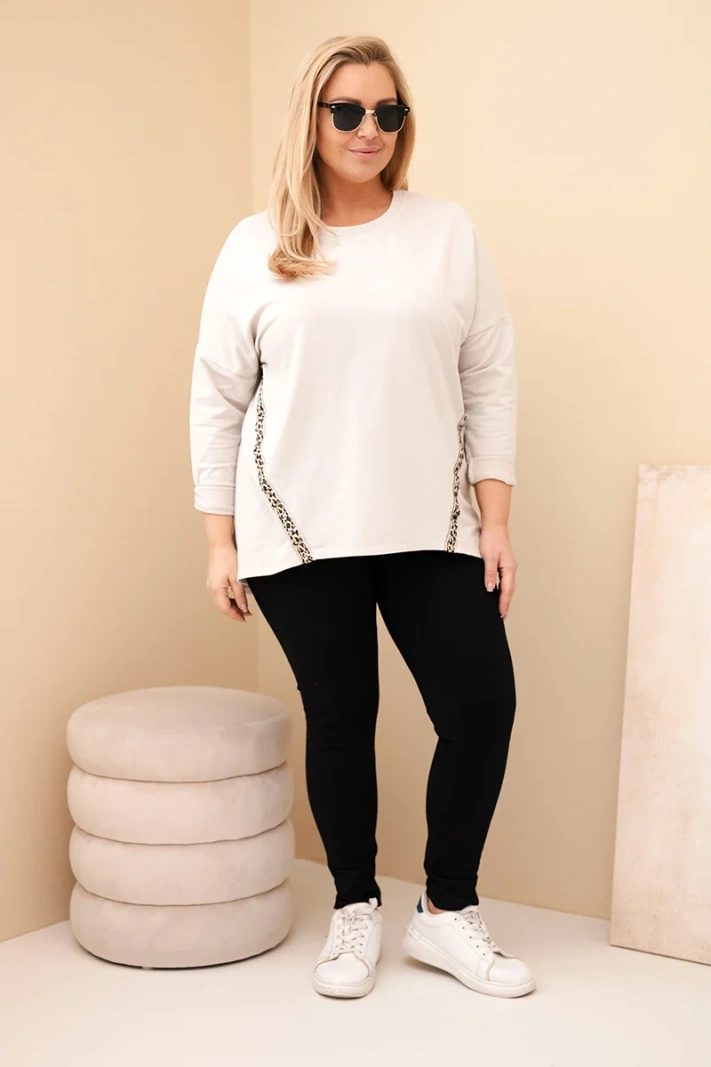 Women's Plus Size cotton blouse with rolled-up sleeve and leopard print piping beige