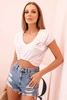 Damen Baumwollbluse mit V-Ausschnitt gestreift camel