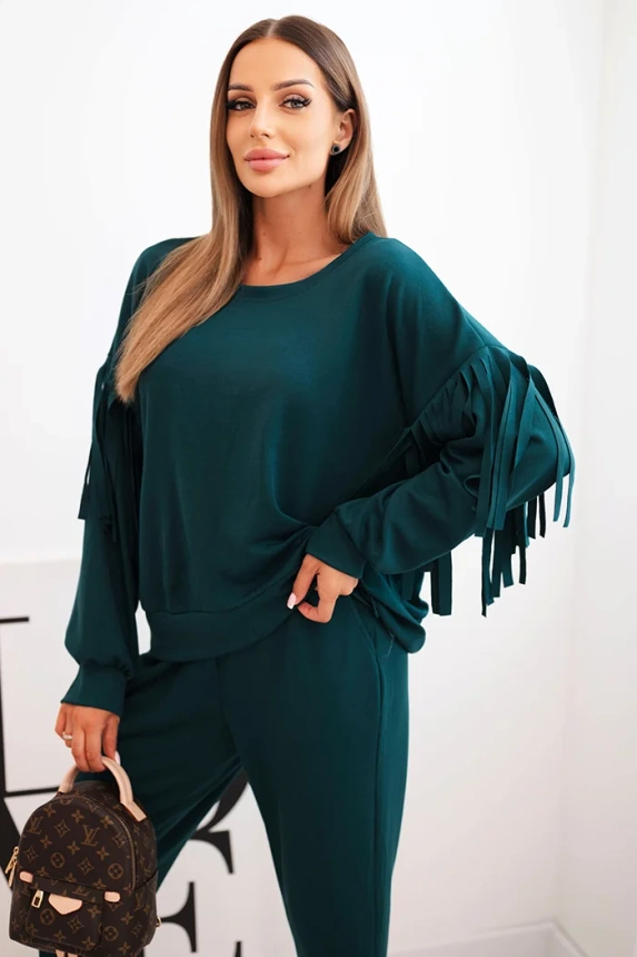 Komplet damski masełkowy z frędzlami na rękawach morski