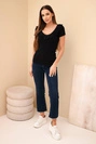 Women's ribbed blouse with a ruffle at the neckline black