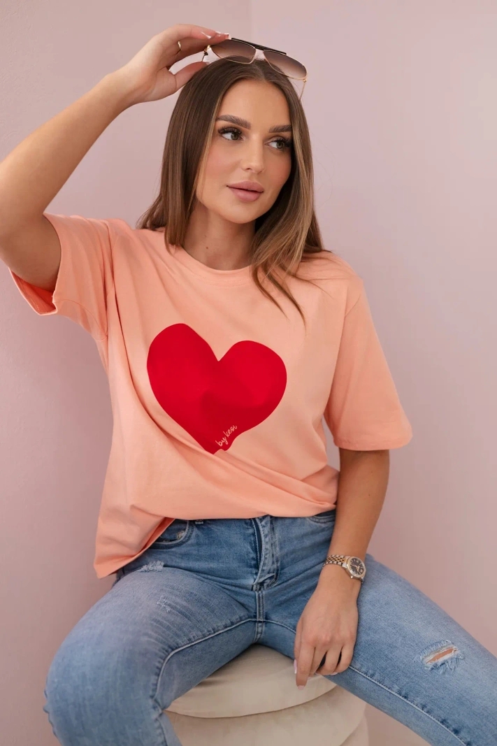 Cotton blouse with a heart print salmon