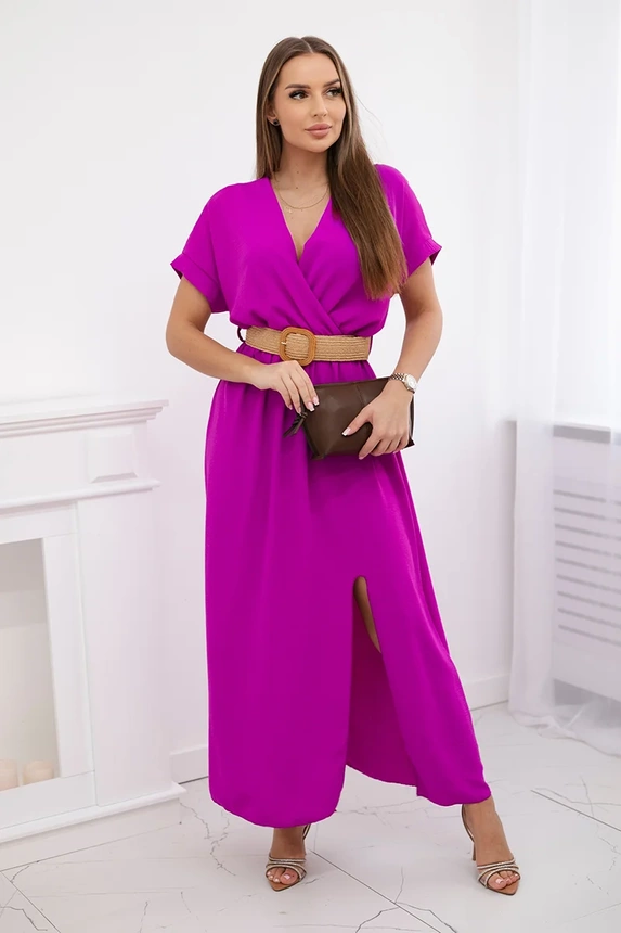 Long dress with a decorative belt dark purple