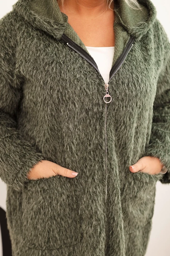 Moteriškas Plus Size paltas iš viskozės su užtrauktuku ir gobtuvu khaki
