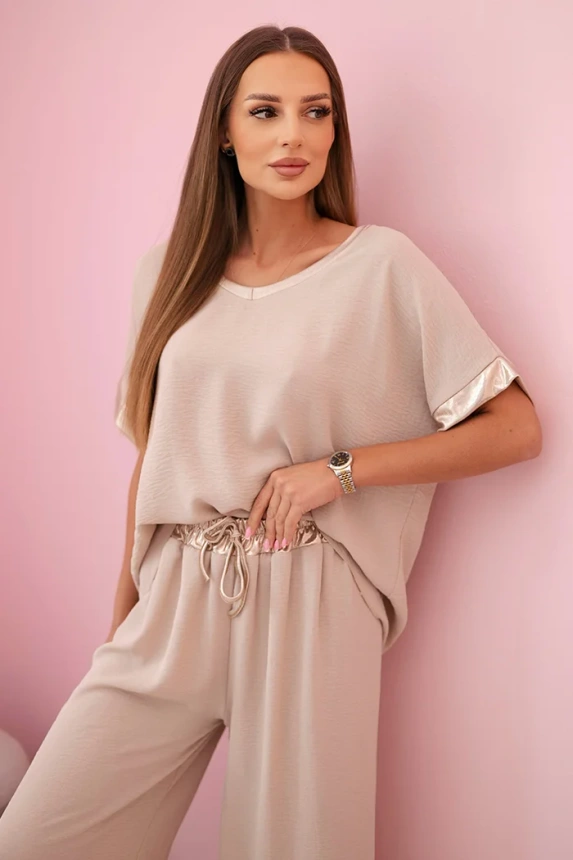Viskose-Set mit goldener Einfassung Dunkelbeige