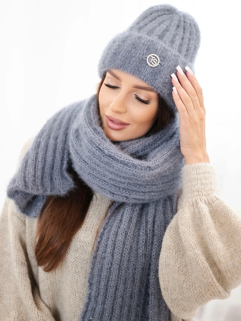 Women's set hat and long scarf made of soft yarn gray pink