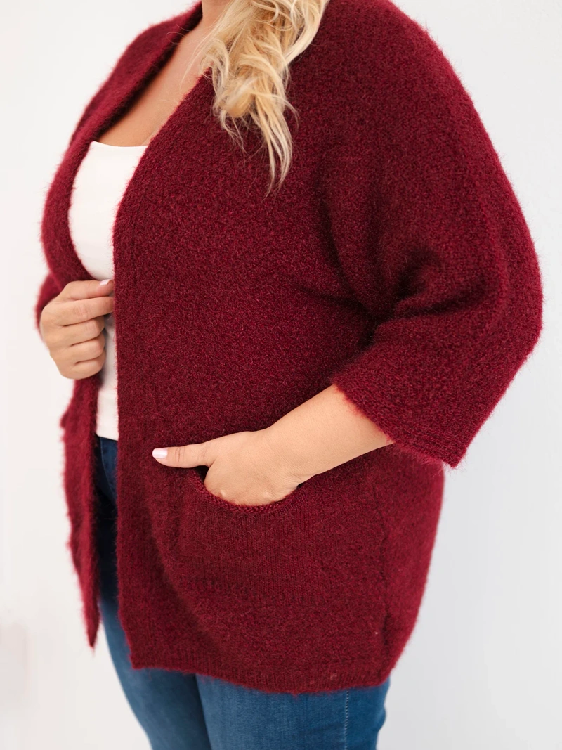 Dámsky sveter Plus Size s vreckami bez zapínania bordový červený