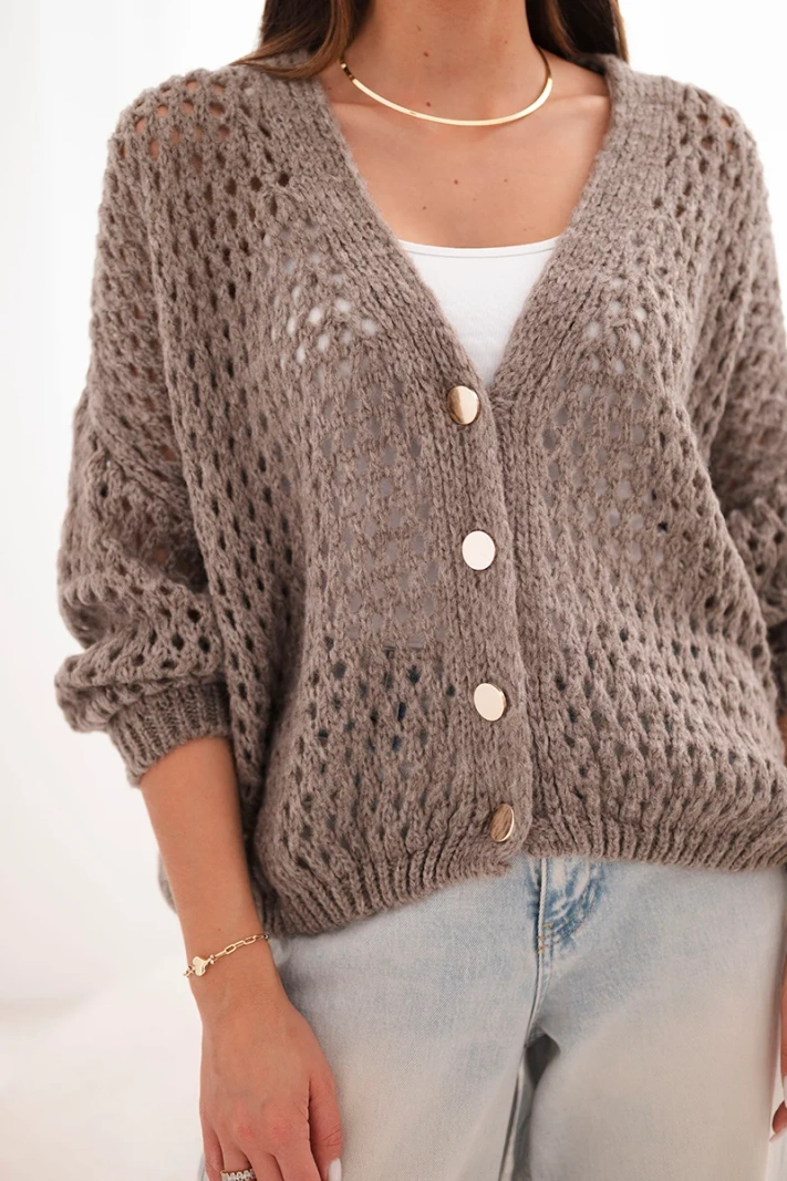 Oversize Damenpullover mit Lochmuster und Knopfleiste fango