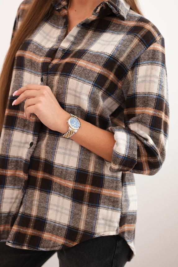 Women's cotton checkered shirt with a longer back brown + beige