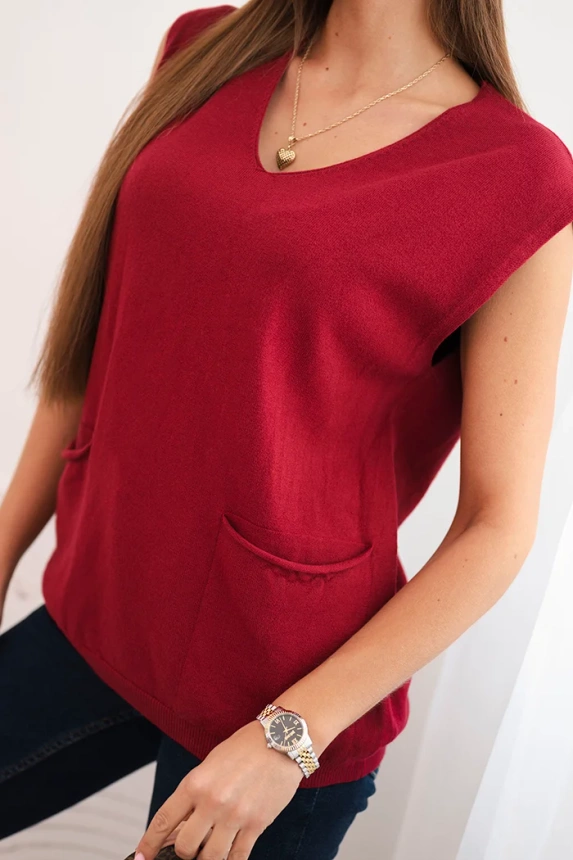 Women's sleeveless viscose sweater with pockets and a V-neck burgundy