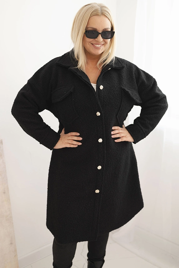 Damenmantel Plus Size aus Wolle mit Knöpfen, Taschen und Kragen schwarz