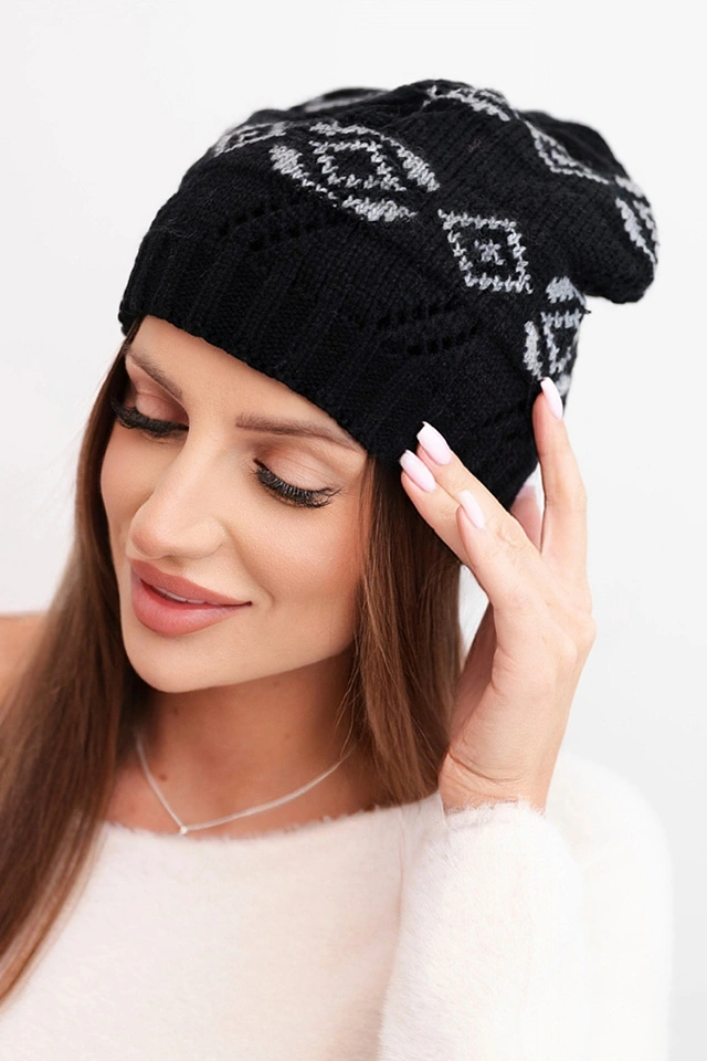 Women's winter wool hat with geometric pattern K434 black + gray