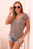 Women's cotton striped blouse with a V-neck brown