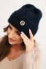 Women's winter fluffy hat with decorative button blue