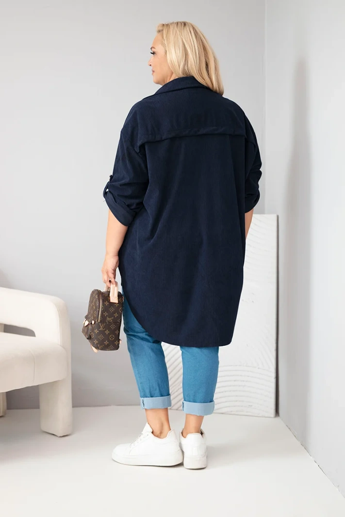 Koszula damska Plus Size z wiskozy sztruksowa z podpinanymi rękawami granatowa