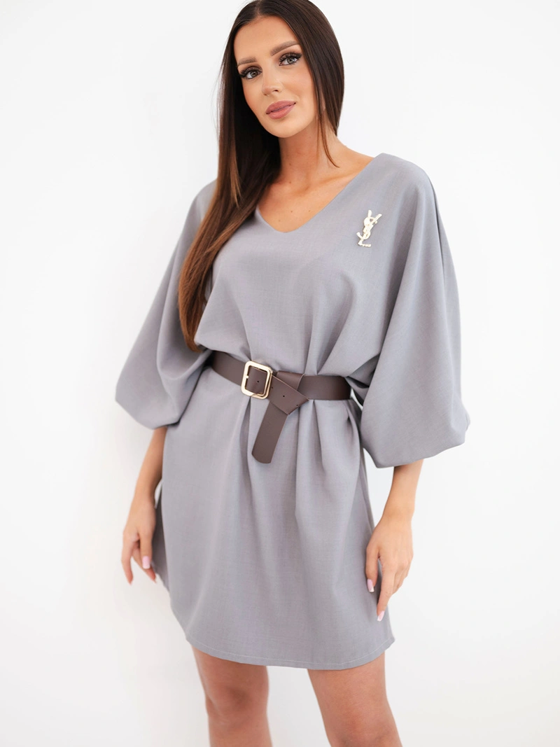 A dress women's loose viscose with belt and V-neckline gray