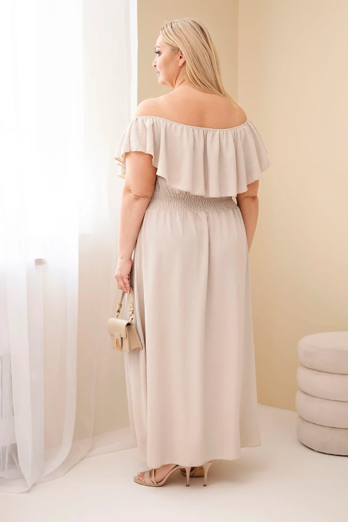 Moteriška Plus Size suknelė su raukiniais ir elastingu juosmeniu smėlio spalvos